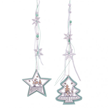 Estrela de madeira e pingentes de árvore para decoração de Natal