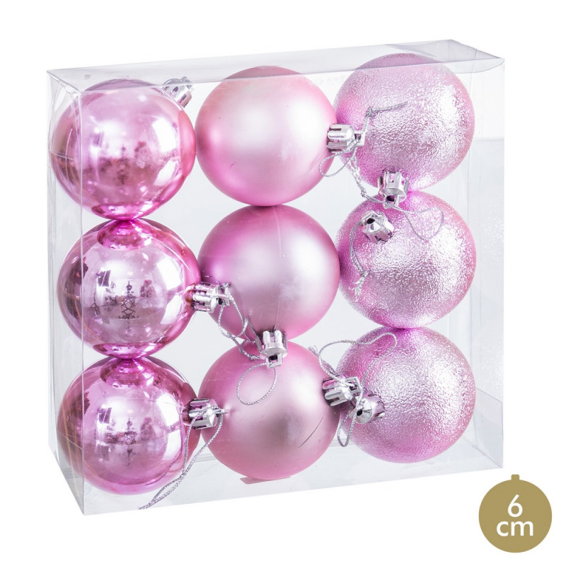 Bolas rosa fosco, brilho e purpurina para decoração de Natal 9 unidades