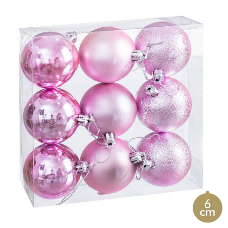 Bolas rosa fosco, brilho e purpurina para decoração de Natal 9 unidades