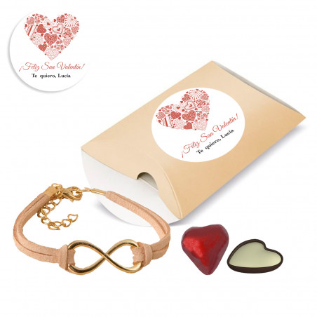 Pulseira de infinito e bombom em forma de coração em caixinha personalizada para casamento ou Dia dos Namorados