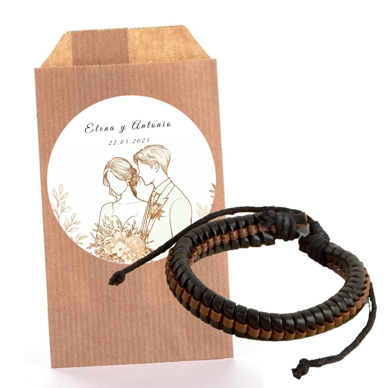 Pulseira trançada para homem semelhante a couro em envelope kraft com adesivo personalizável para casamentos