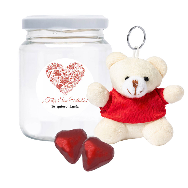 chaveiro de urso e bombons de coração em pote personalizado com adesivo romântico para presentear