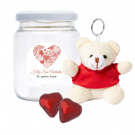 chaveiro de urso e bombons de coração em pote personalizado com adesivo romântico para presentear