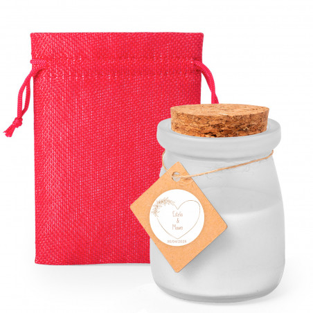 Vela aromática em pote de vidro com etiqueta personalizada em bolsa de tecido para presentear