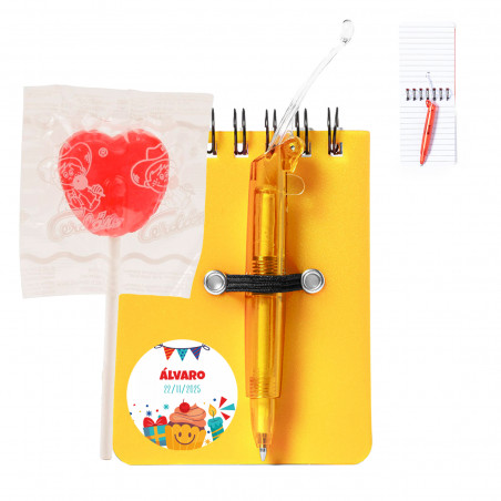 Caderno com caneta personalizável e pirulito para presentear