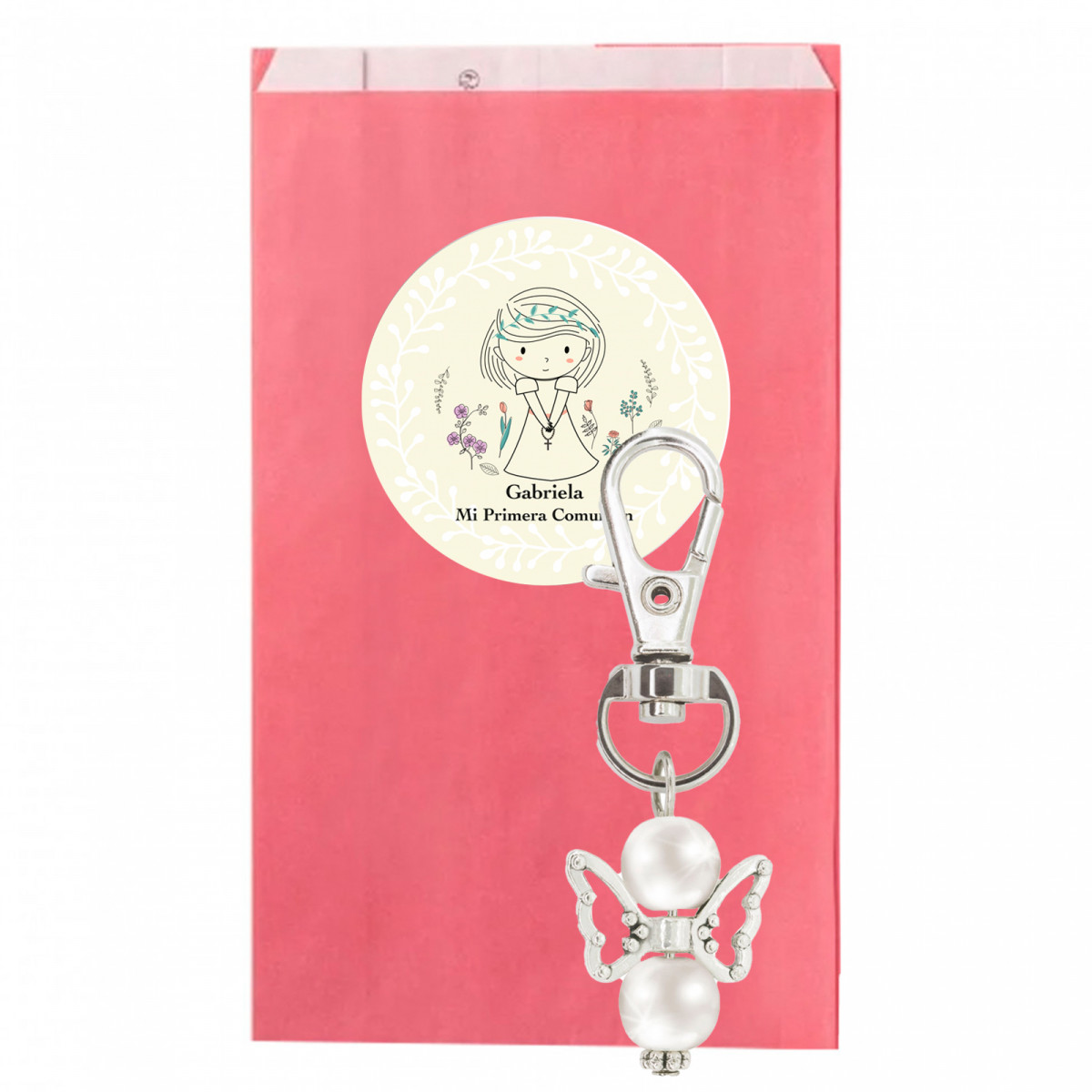 Chaveiro anjo da guarda com adesivo primeira comunhão menina em envelope kraft rosa para presentear