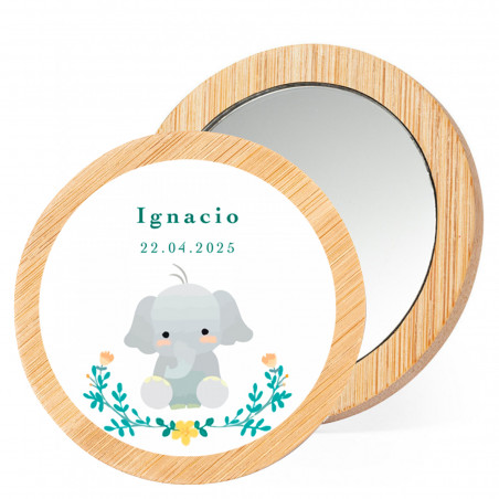Espelho de bambu com tierno adesivo de elefante para detalhes de batizado