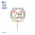 Topper coroa floral Feliz Aniversário detalhes em ouro para decorar