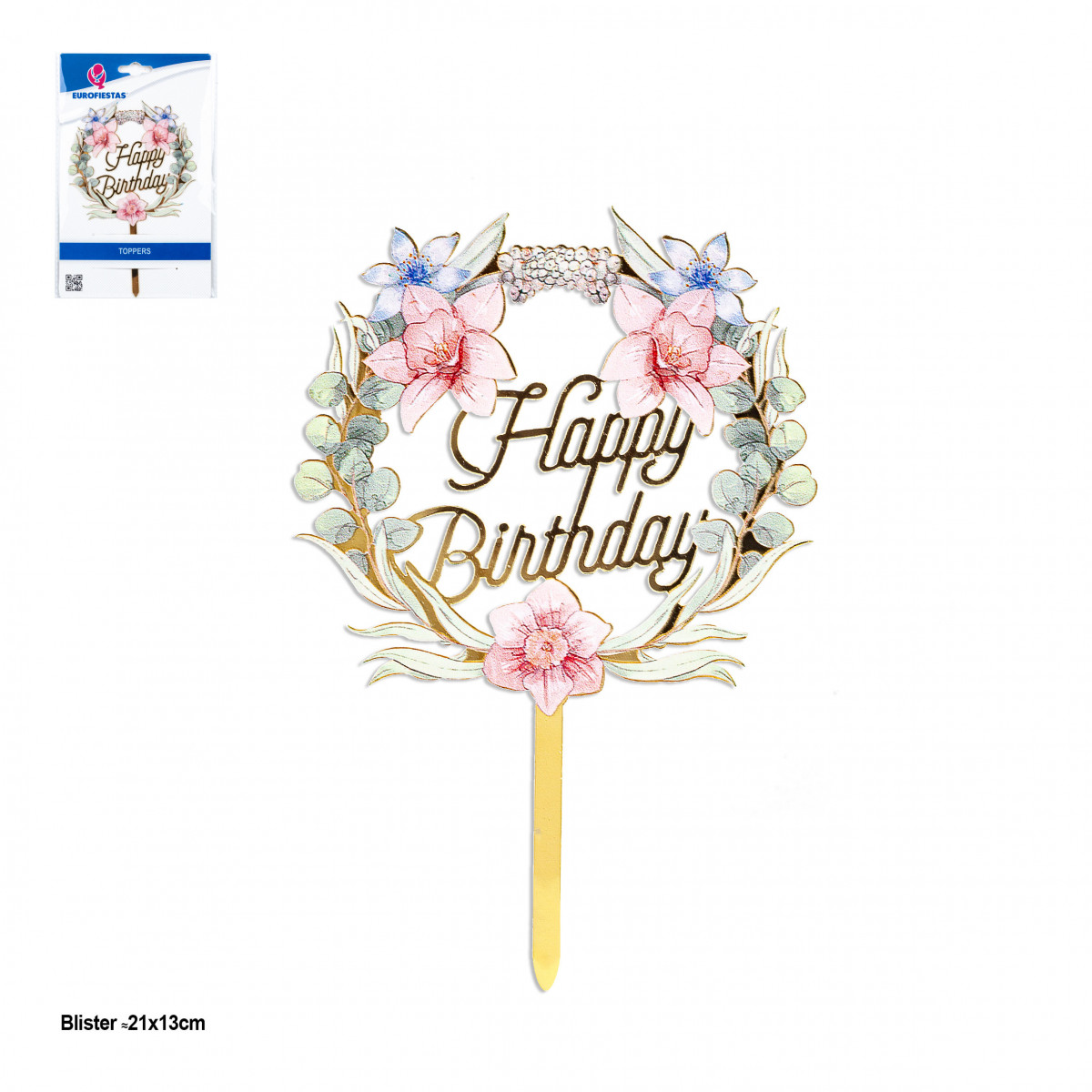 Topper coroa floral Feliz Aniversário detalhes em ouro para decorar