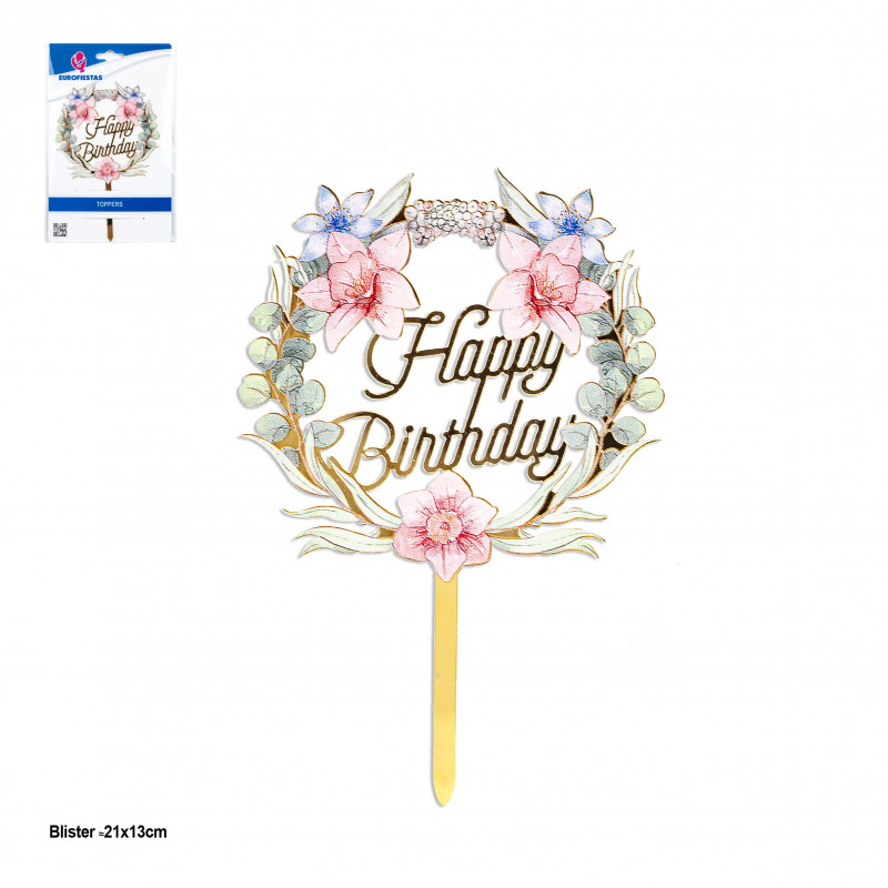 Topper coroa floral Feliz Aniversário detalhes em ouro para decorar