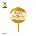 Topper circular com letras Happy Birthday em branco e ouro para decorar