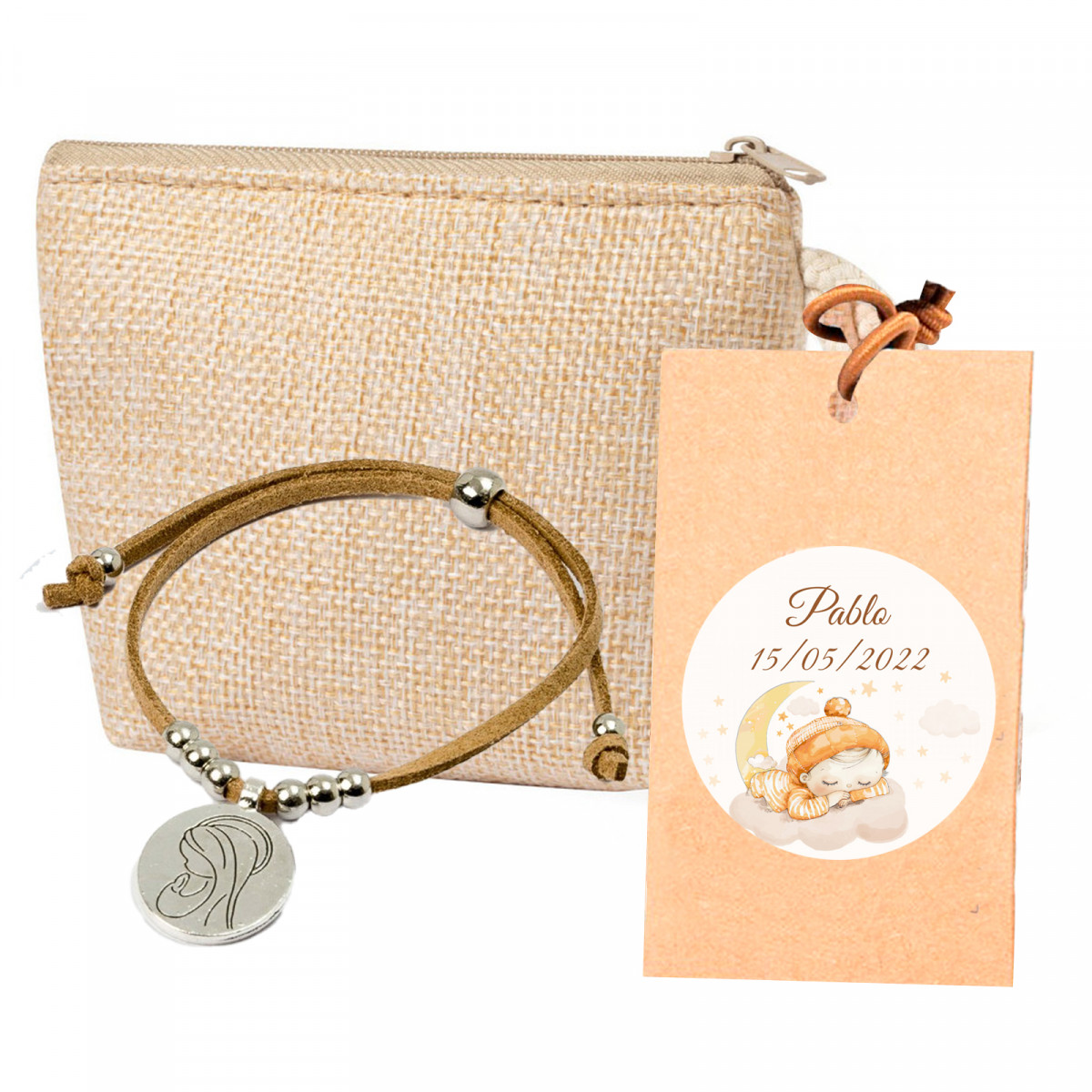 Pulseira com medalha da virgem Maria em porta-moedas e etiqueta pendente personalizada com adesivo para presentear