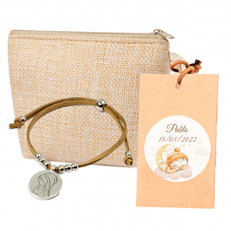 Pulseira com medalha da virgem Maria em porta-moedas e etiqueta pendente personalizada com adesivo para presentear