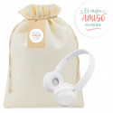 Fones de ouvido bluetooth brancos dobráveis em bolsa de tecido com etiqueta e adesivo personalizável para presentear