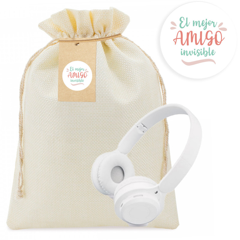 Fones de ouvido bluetooth brancos dobráveis em bolsa de tecido com etiqueta e adesivo personalizável para presentear