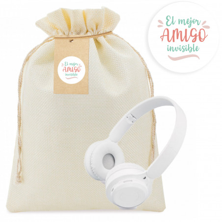 Fones de ouvido bluetooth brancos dobráveis em bolsa de tecido com etiqueta e adesivo personalizável para presentear