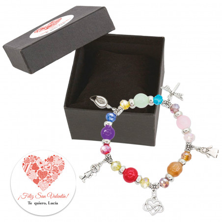 Pulseira com charms em elegante caixa com adesivo romântico para presentear