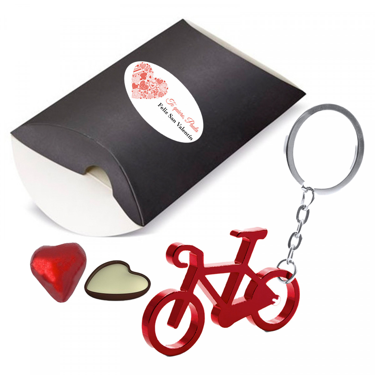 Chaveiro de bicicleta vermelha e bombom de chocolate em caixa preta personalizada detalhe de casamento ou Dia dos Namorados