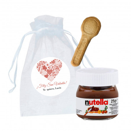 Nutela 25gr. com furo para biscoitos em saquinho de organza branco e adesivo personalizado para Dia dos Namorados e eventos