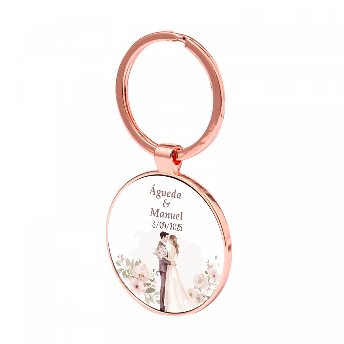 Chaveiro de ouro rosa personalizado com adesivo para detalhes de casamento