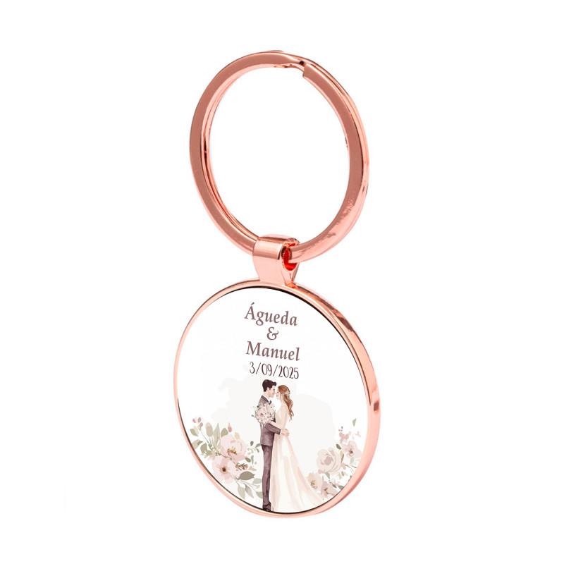 Chaveiro de ouro rosa personalizado com adesivo para detalhes de casamento