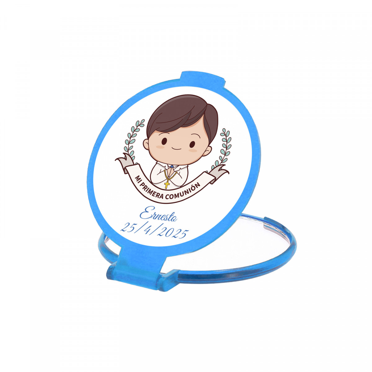 Espelhinho dobrável azul com adesivo personalizável de menino de comunhão para presentear