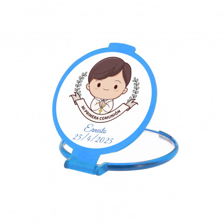 Espelhinho dobrável azul com adesivo personalizável de menino de comunhão para presentear