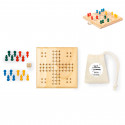 Ludo de madeira em saco de algodão com adesivo de agradecimento para detalhes