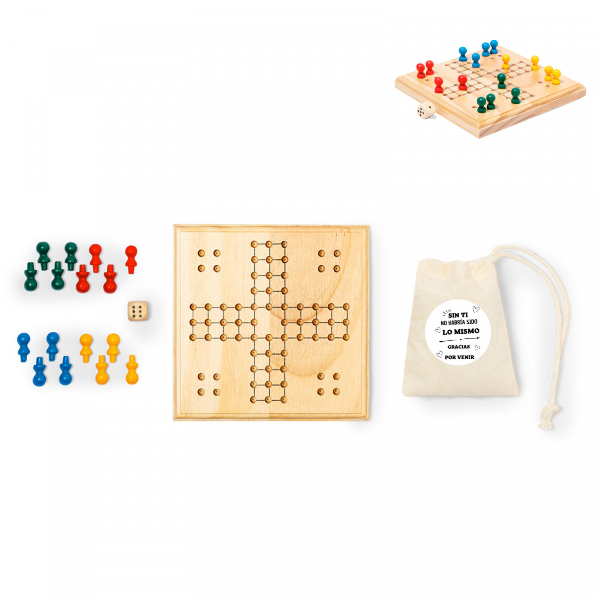 Ludo de madeira em saco de algodão com adesivo de agradecimento para detalhes