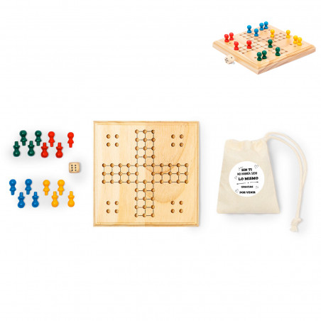 Ludo de madeira em saco de algodão com adesivo de agradecimento para detalhes