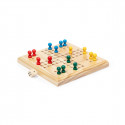 Ludo de madeira em saco de algodão com adesivo de agradecimento para detalhes