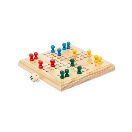 Ludo de madeira em saco de algodão com adesivo de agradecimento para detalhes