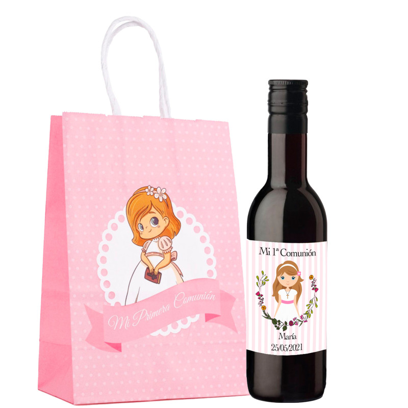 Vinho tinto personalizado em bolsa para detalhes da primeira comunhão da menina