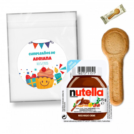 Nutella 15 gr com colher de biscoito em bolsa personalizada com adesivo personalizável para presentear
