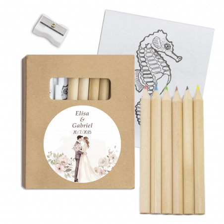 Conjunto de colorir infantil personalizado com adesivo de casamento