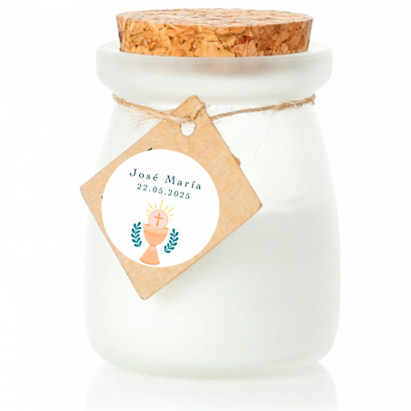 Vela aromática com cartão personalizado com design cálice para detalhes primeira comunhão