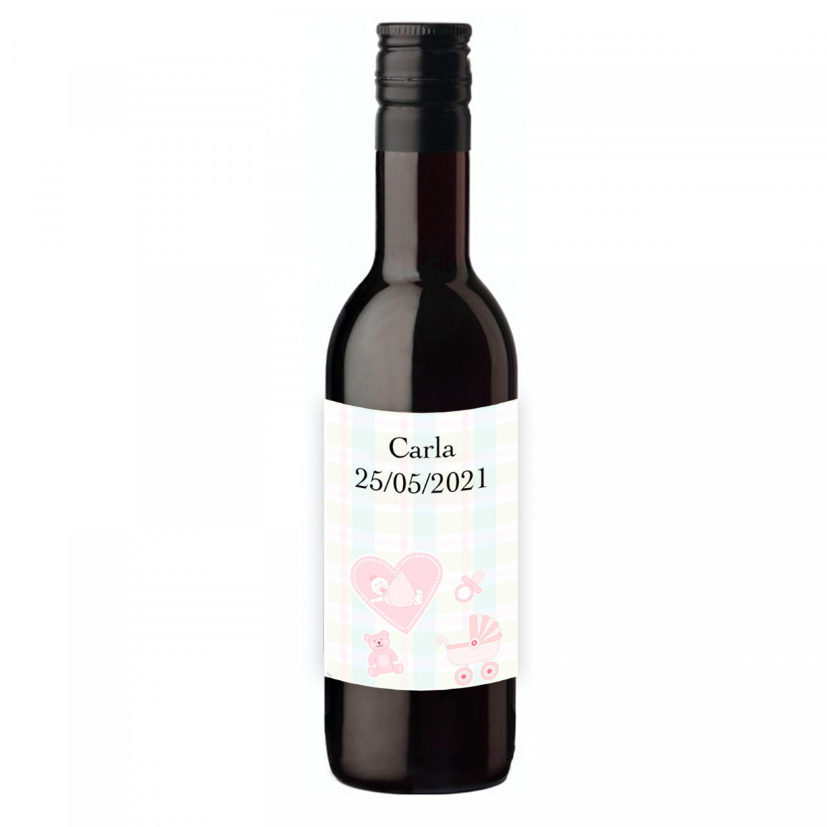 Vinho tinto com adesivo personalizado para detalhes de batismo