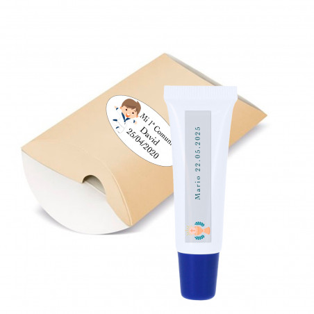 Bálsamo labial personalizado em estojo com adesivo de primeira comunhão para detalhes da criança