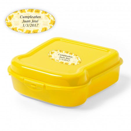 Porta sanduíche amarelo com adesivo personalizado para detalhes