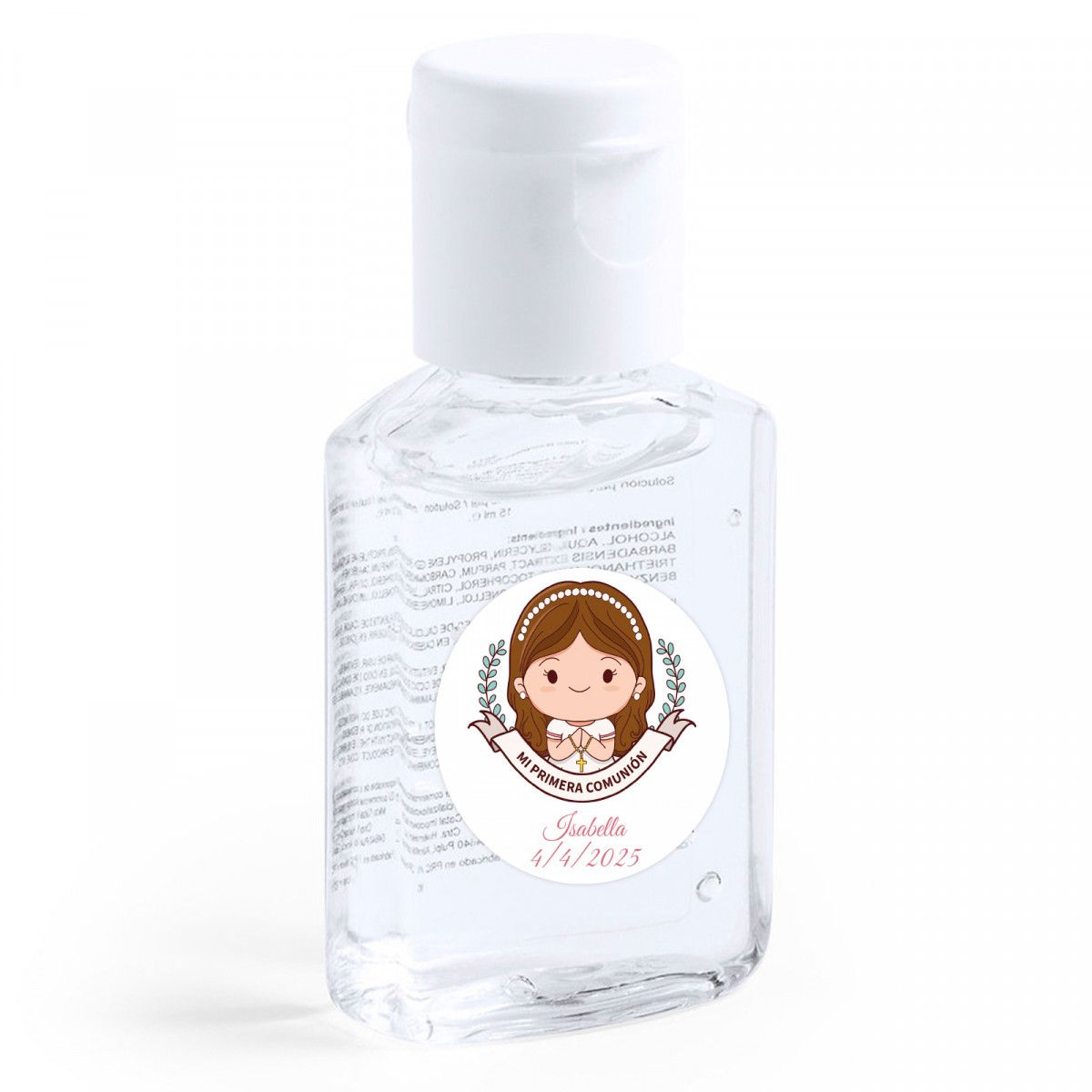 Gel hidroalcoólico com adesivo primeira comunhão menina para presentear