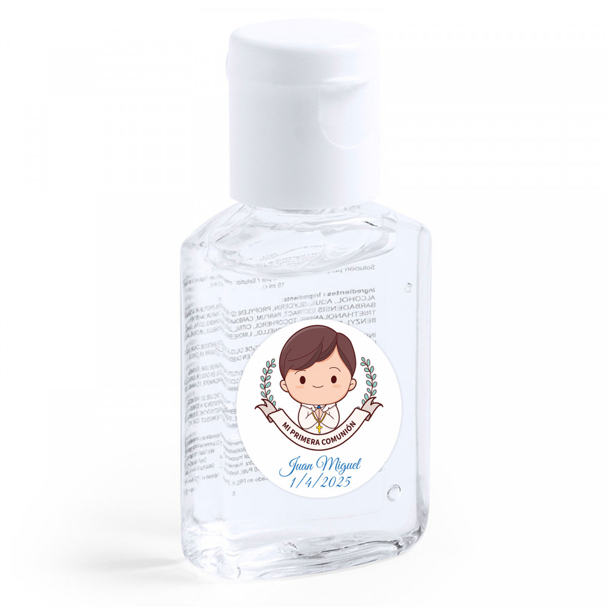 Gel hidroalcoólico com adesivo primeira comunhão menino para presentear