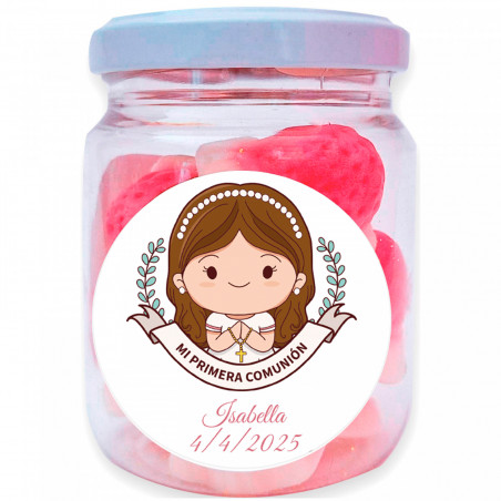 Frasco com doces personalizado para lembranças de primeira comunhão menina