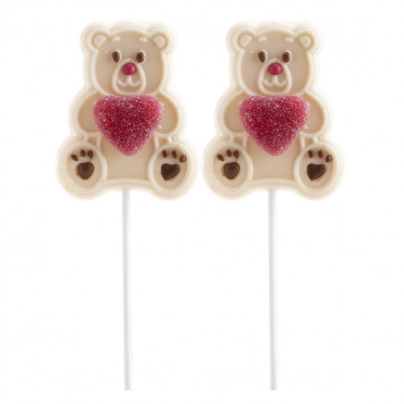 Pirulito de urso de chocolate branco com coração em bolsa kraft com adesivo personalizado dia dos namorados