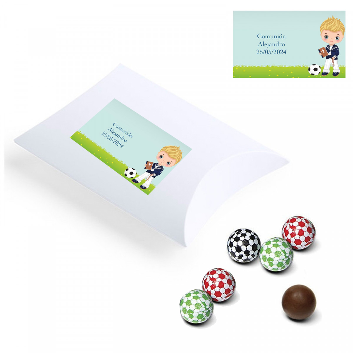 Bombons de chocolate em estojo personalizado com adesivo de menino de comunhão