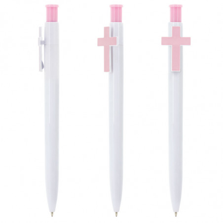 Caneta personalizada para batizado com cruz rosa e detalhe de anjinho menina em vinil transparente