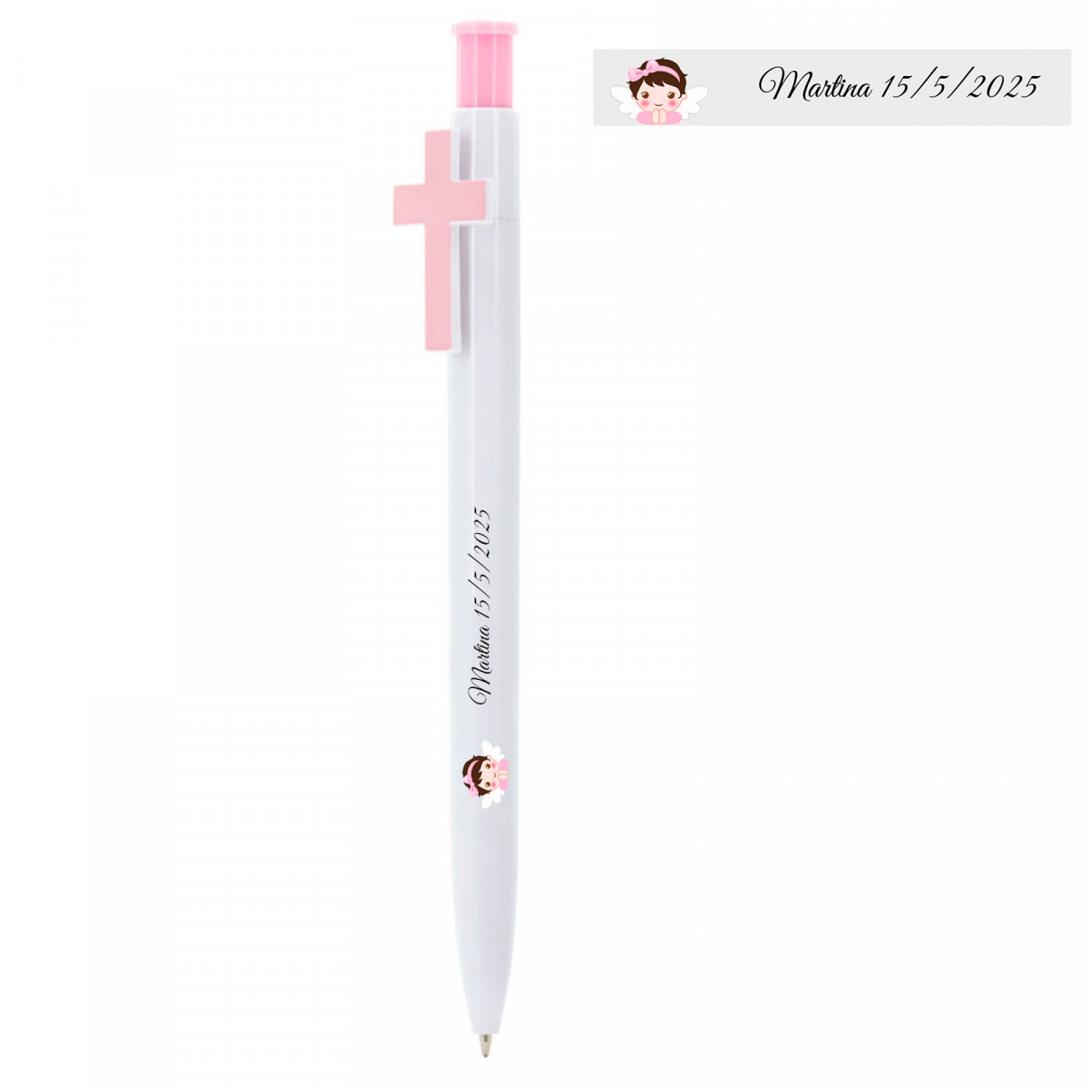 Caneta personalizada para batizado com cruz rosa e detalhe de anjinho menina em vinil transparente