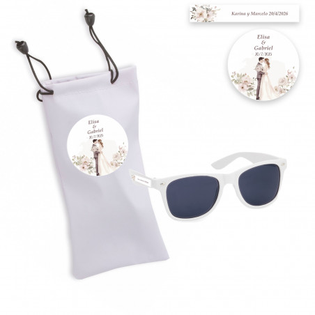 Óculos de sol de armação branca personalizados com estojo personalizado para casamentos