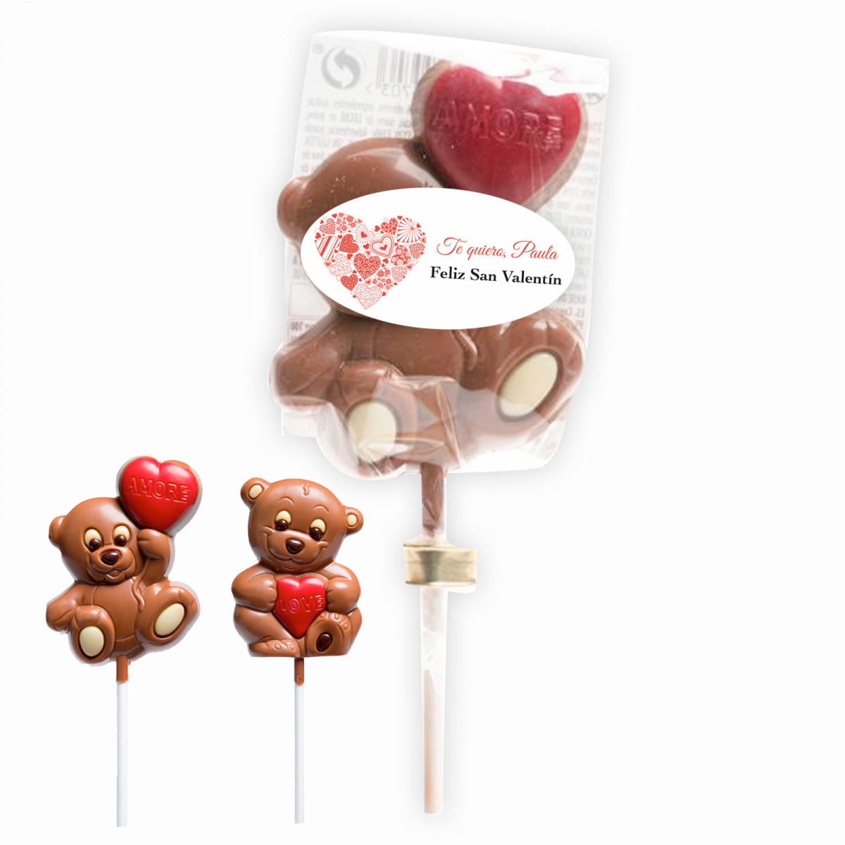 Piruleta de chocolate personalizável ursinho com coração para presentear