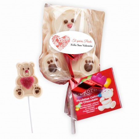 Piruleta de chocolate branco com coração de gelatina e adesivo personalizado para detalhes