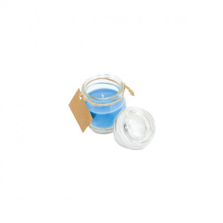 Vela aromática azul em frasco de vidro com etiqueta adesiva de 3 cm para detalhes da primeira comunhão do menino